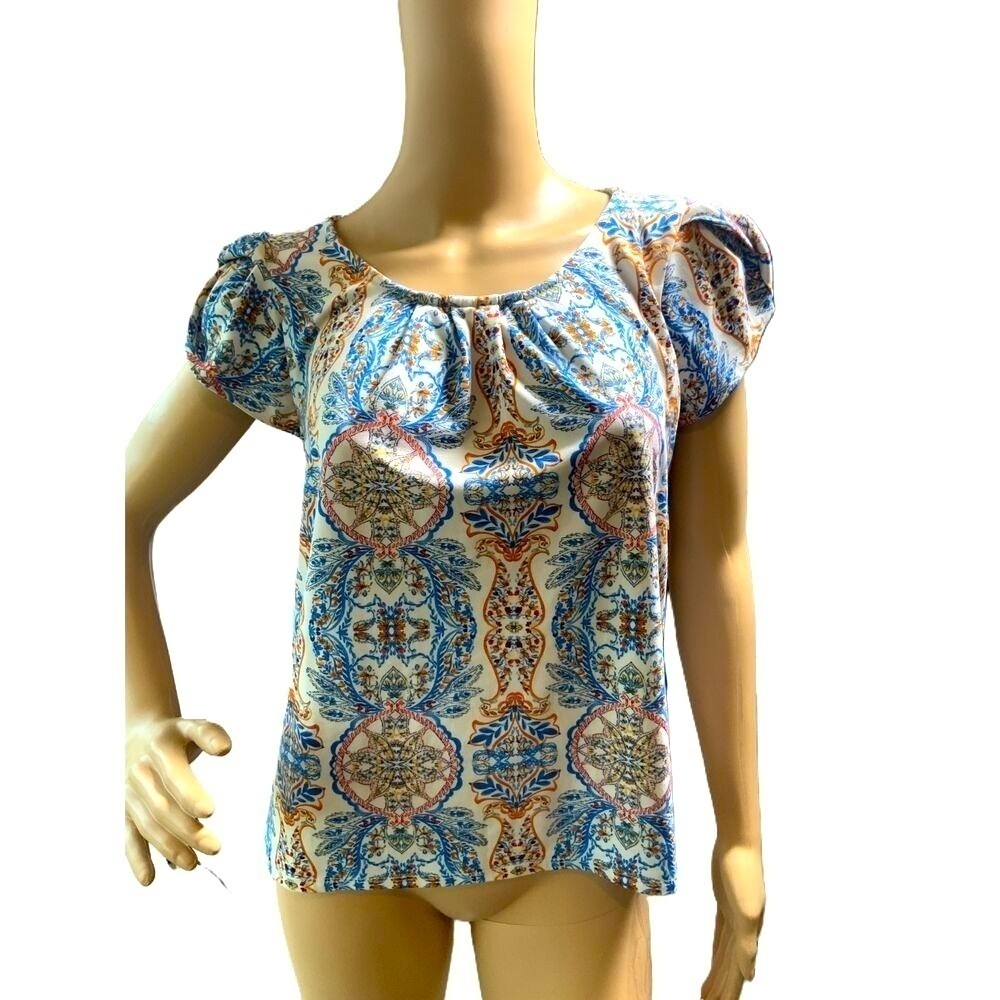 Haute Monde Blue White Orange Patterned Floral Elastic Neck Blouse Size Medium‎